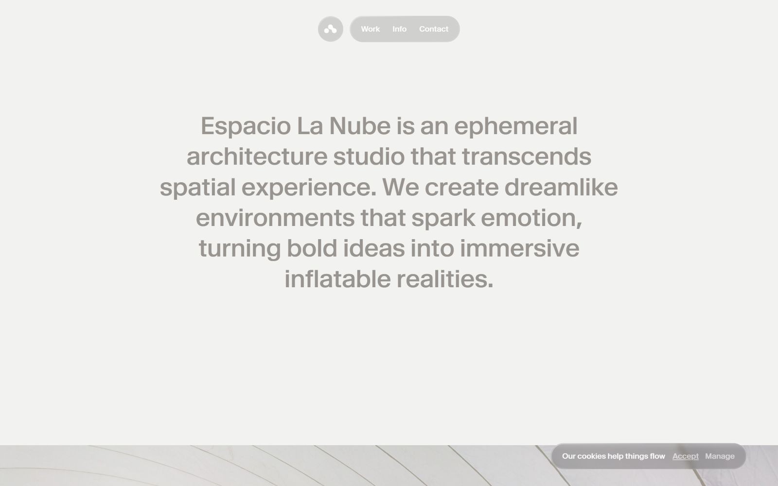White background with centered text: "Espacio La Nube is an ephemeral architecture studio..." Gray navigation buttons at the top.
