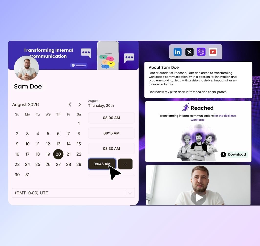Warmcal founders booking page with calendar on the left and social proof on the right
