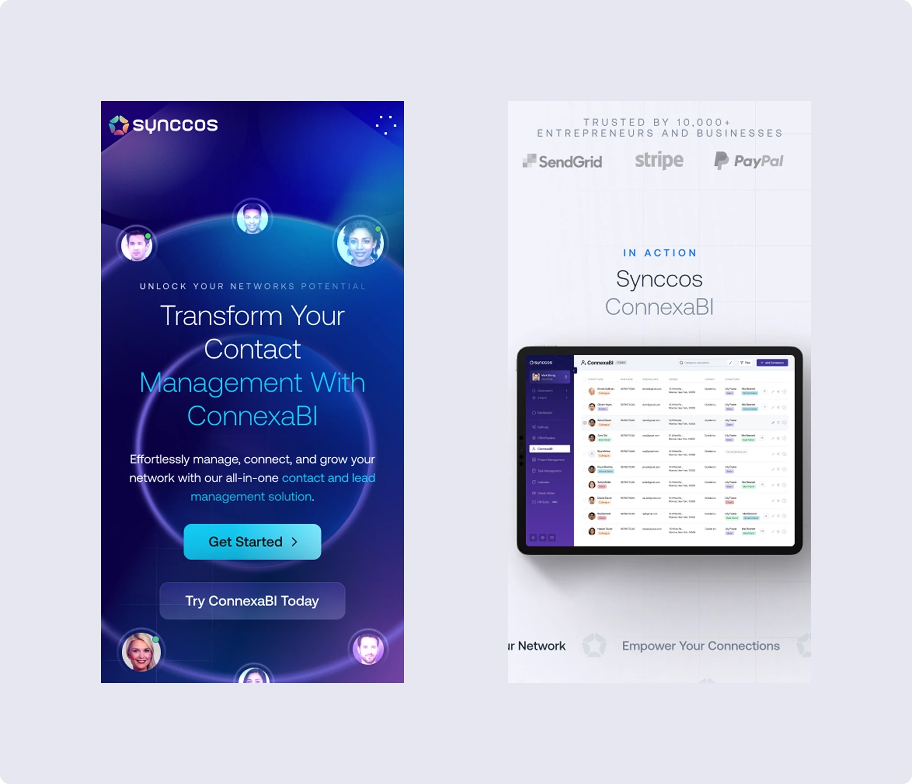 Promotional graphic for Synccos ConnexaBI: blue contact-management app ad beside a tablet dashboard, conveying modern, connected business growth.