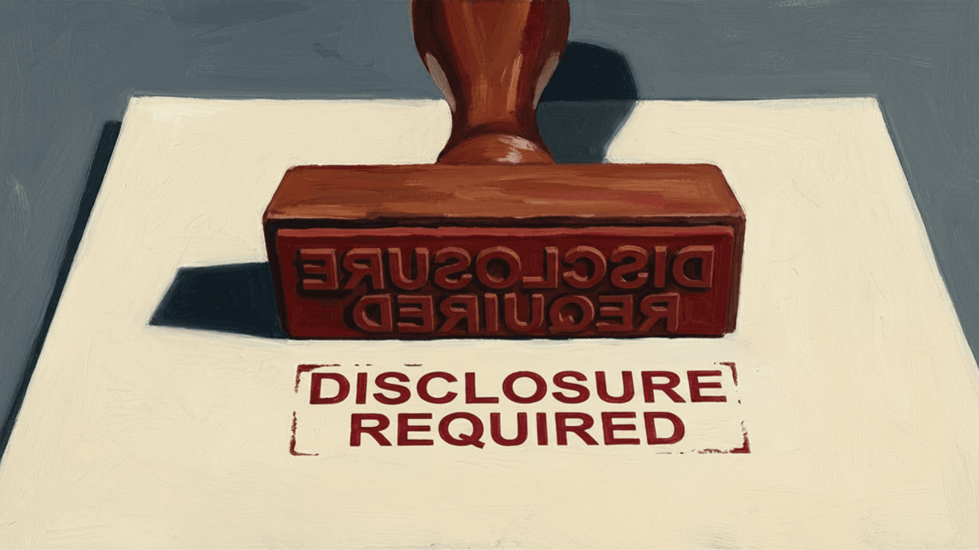 Oil painting in the style of Edward Hopper showing a close-up of a rubber stamp resting on a blank document, with "DISCLOSURE REQUIRED" stamped in dark red block capitals on the paper below.