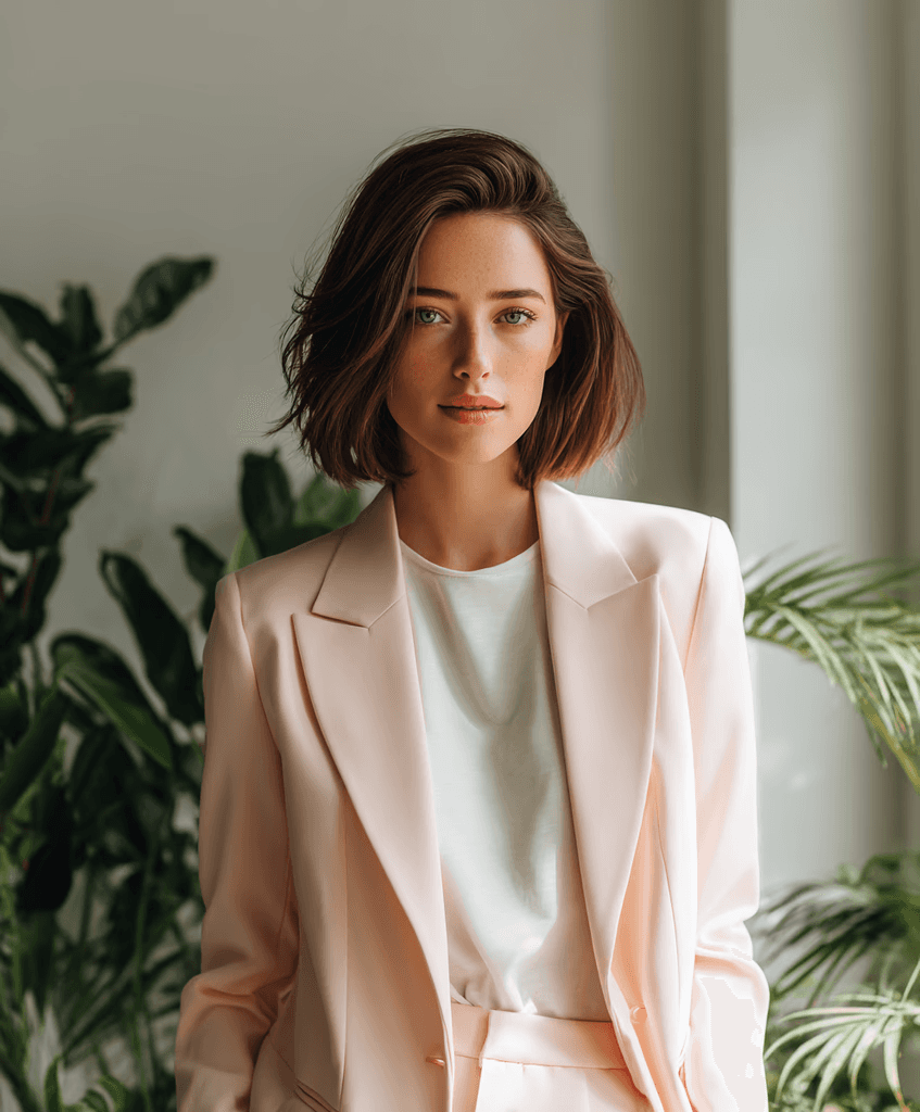 Woman with a bob haircut wearing a pink suit blazer.
