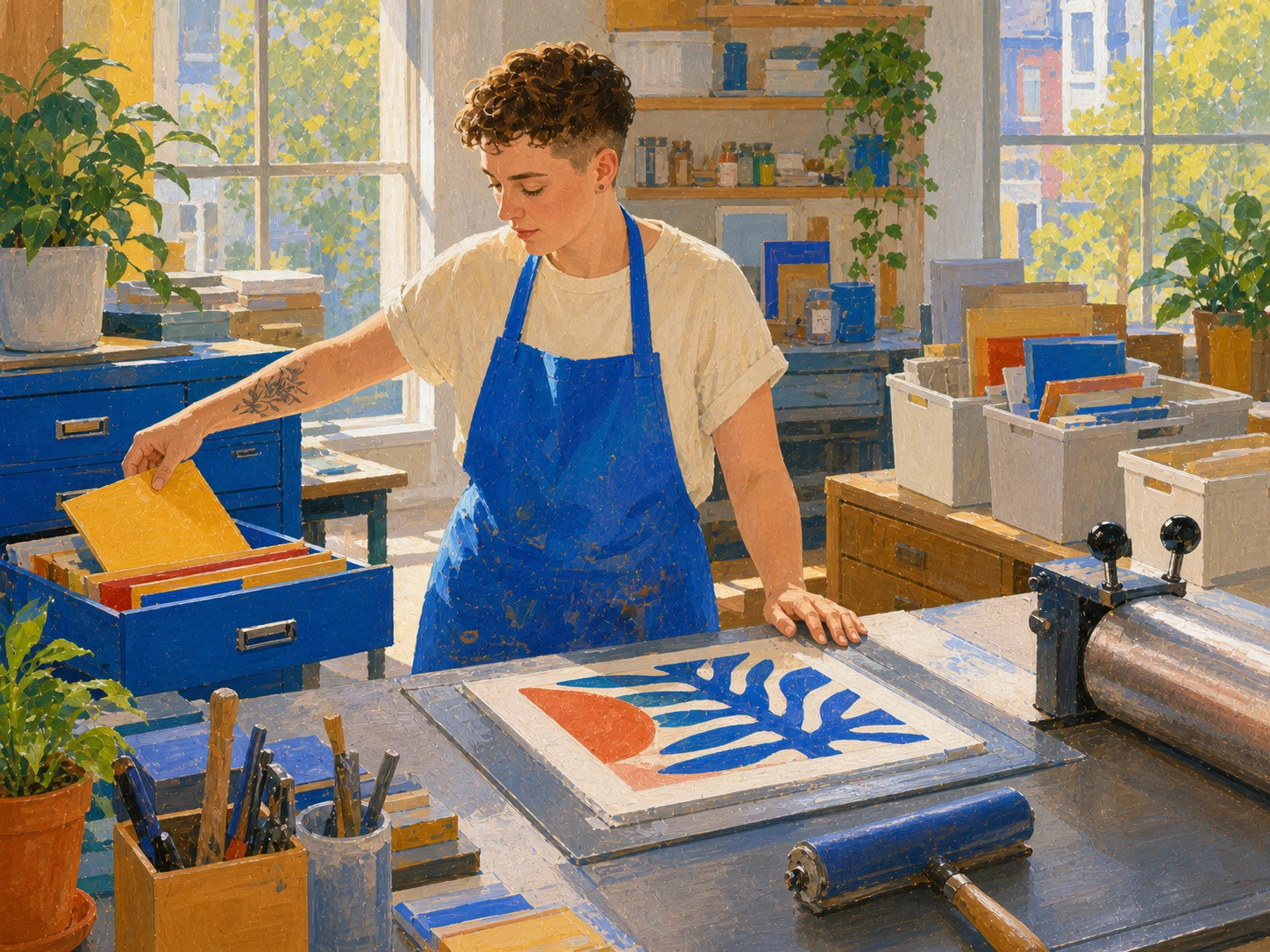 A printmaker keeps one active project open and places other colorful materials into storage for later.