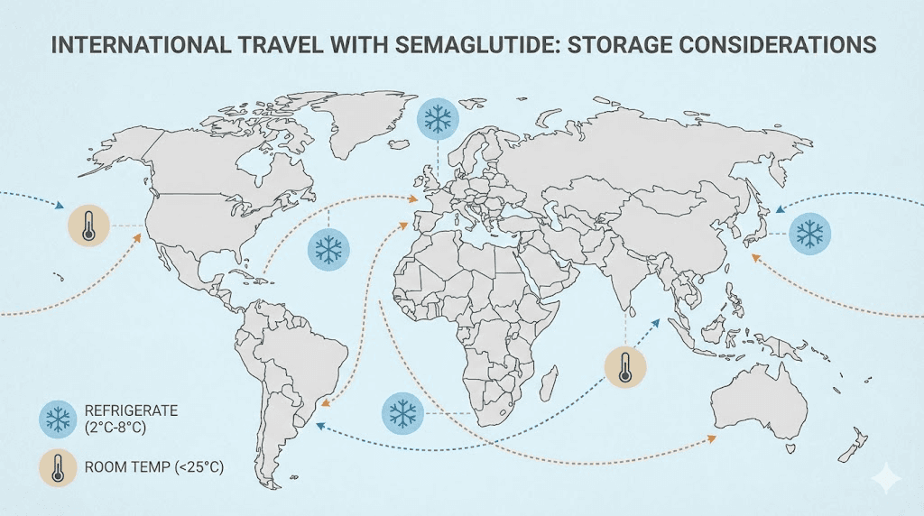 International travel map showing semaglutide storage considerations by region