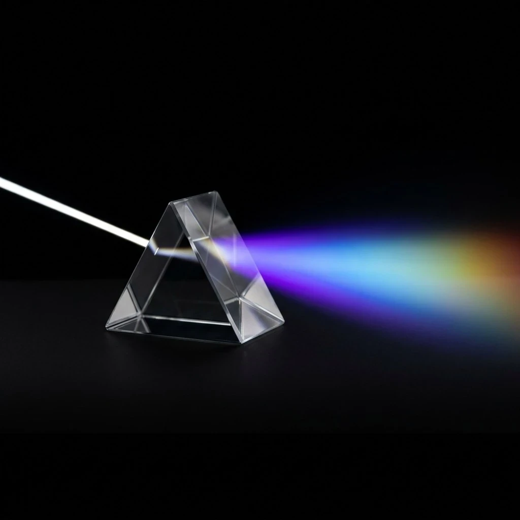 A glass prism splitting a beam of light into a soft spectrum