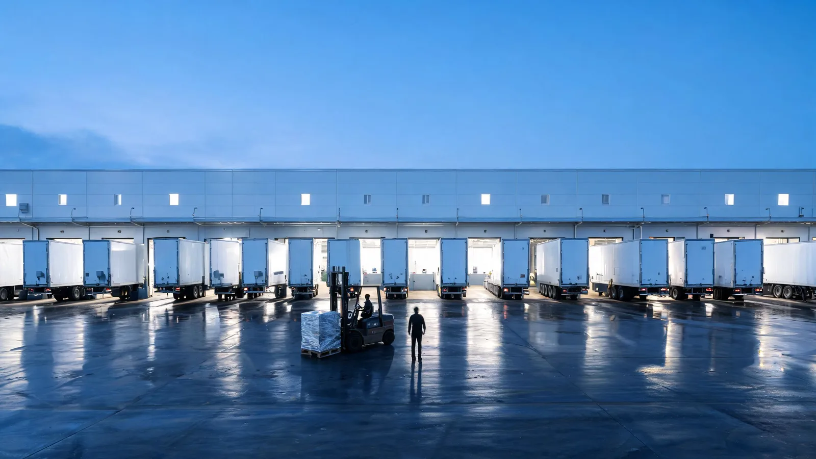 A row of white refrigerated trailers backed into lit dock doors at a cross-dock at dusk, with a forklift and a wrapped pallet on the wet yard