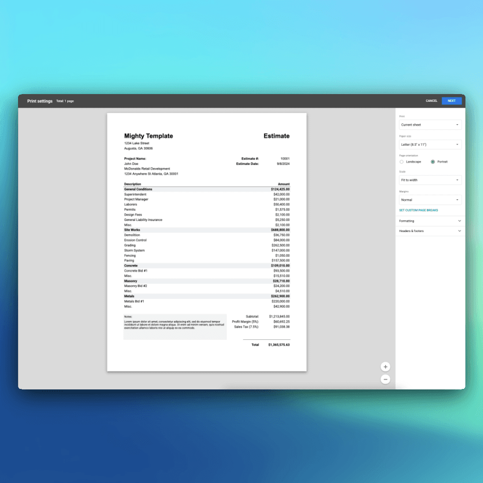 Print preview of Construction Bid Template estimate – professional formatted PDF output with itemized descriptions, subtotals, profit margin, sales tax, and total bid amount on Letter size paper