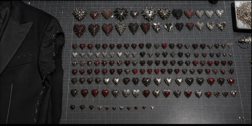 Heart-shaped pieces arranged in incomplete density tests beside a black jacket panel.
