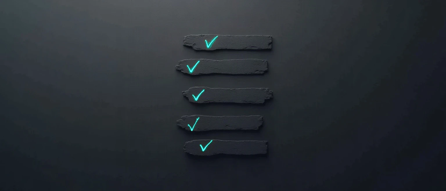 Column of dark ink-brush checklist rows each marked with a glowing teal tick, illustrated in Japanese minimalist ink style with teal and blue on a black background, representing a B2B cold email deliverability checklist.
