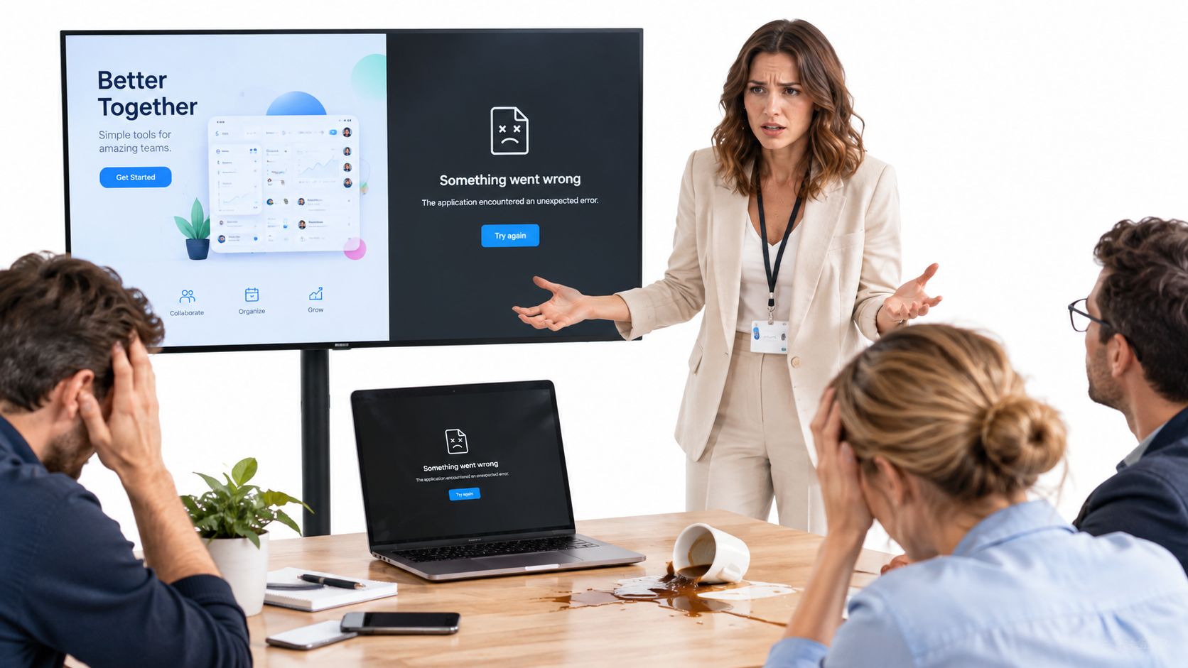 A professional team reacting with frustration as their presentation and laptop display system errors during a meeting.