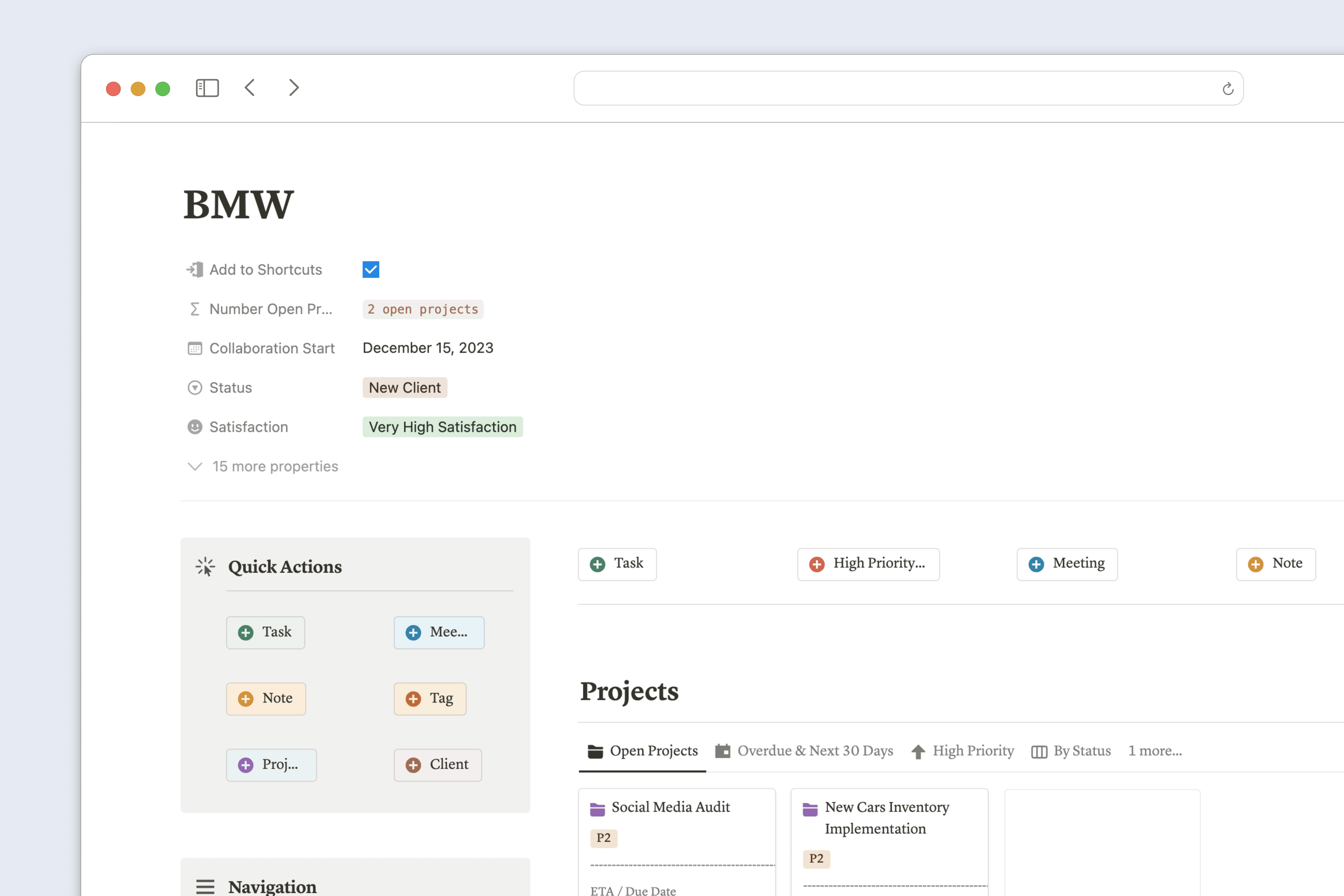 Client details page in Notion consolidating all projects, tasks, notes, and meetings for a specific client