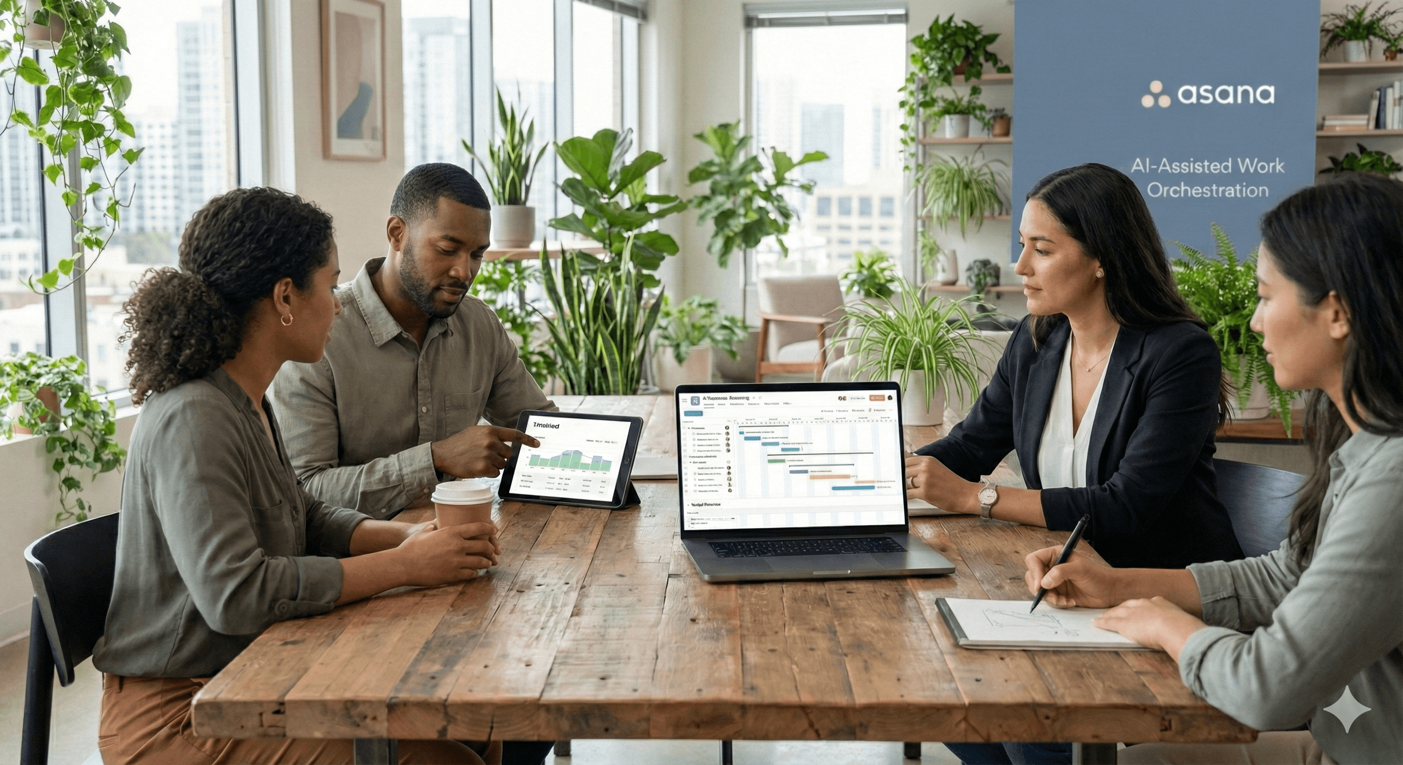 Four professionals collaborate around a wooden table in a modern office, using laptops displaying Latest Asana Features, surrounded by greenery and large windows offering a city view.