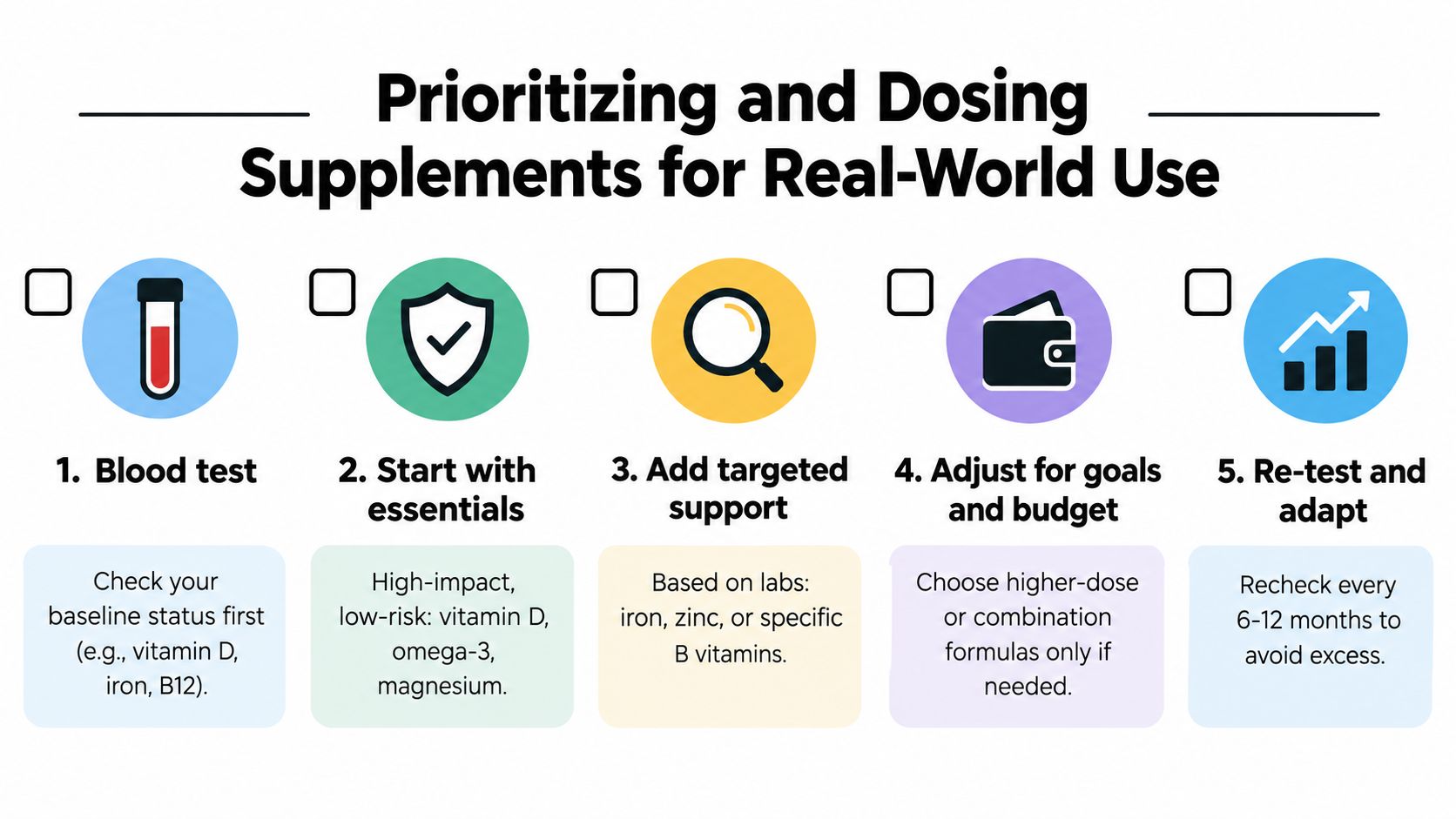 A five-step guide on prioritizing and dosing supplements for real-world use with icons for each step.