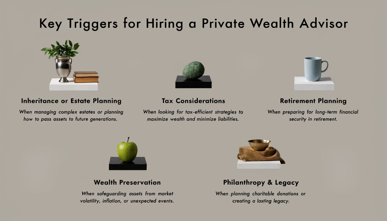 A graphic listing five key triggers for hiring a private wealth advisor using metaphorical still-life imagery.