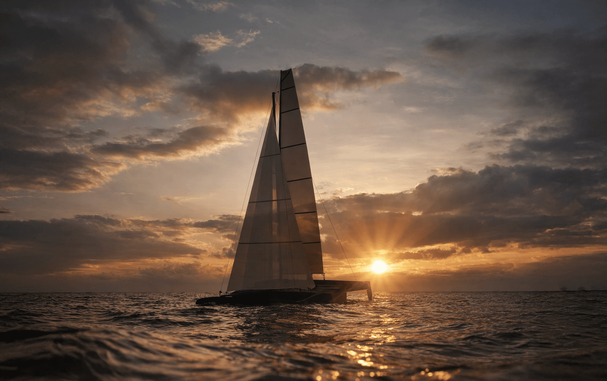 Sunset sailboat docked at wooden pier, serene ocean view.