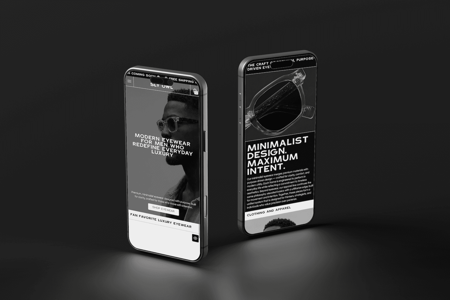 two phones in a dark room displaying varying views of an eyewear store website