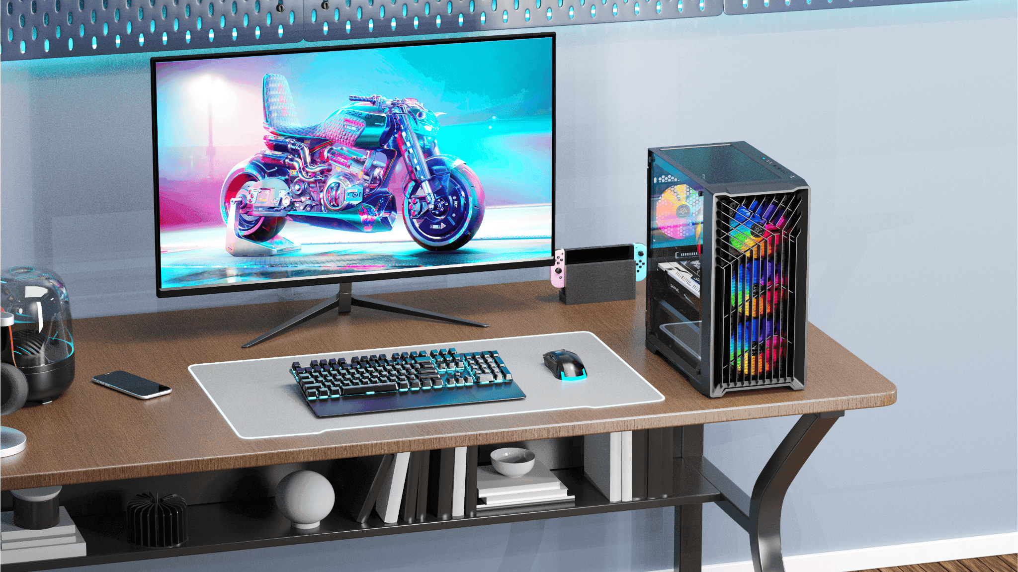 A sleek gaming desk setup featuring a white PC tower with RGB lights, a large monitor displaying a futuristic motorcycle, a gaming keyboard, and mouse, with a Nintendo Switch console beside the monitor, creating an immersive and vibrant gaming experience.