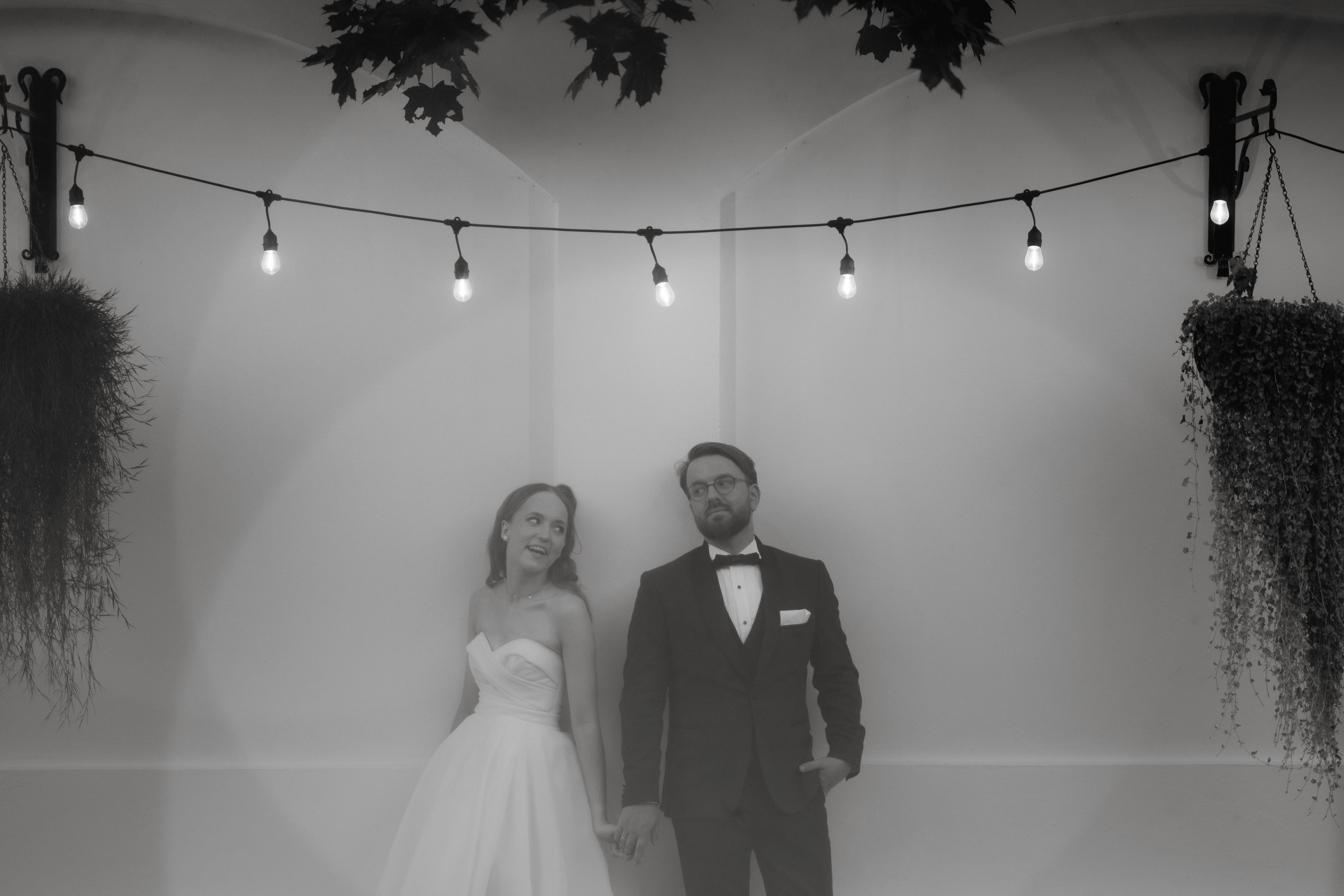 Wedding Couple Ancient Wall Garden Lights