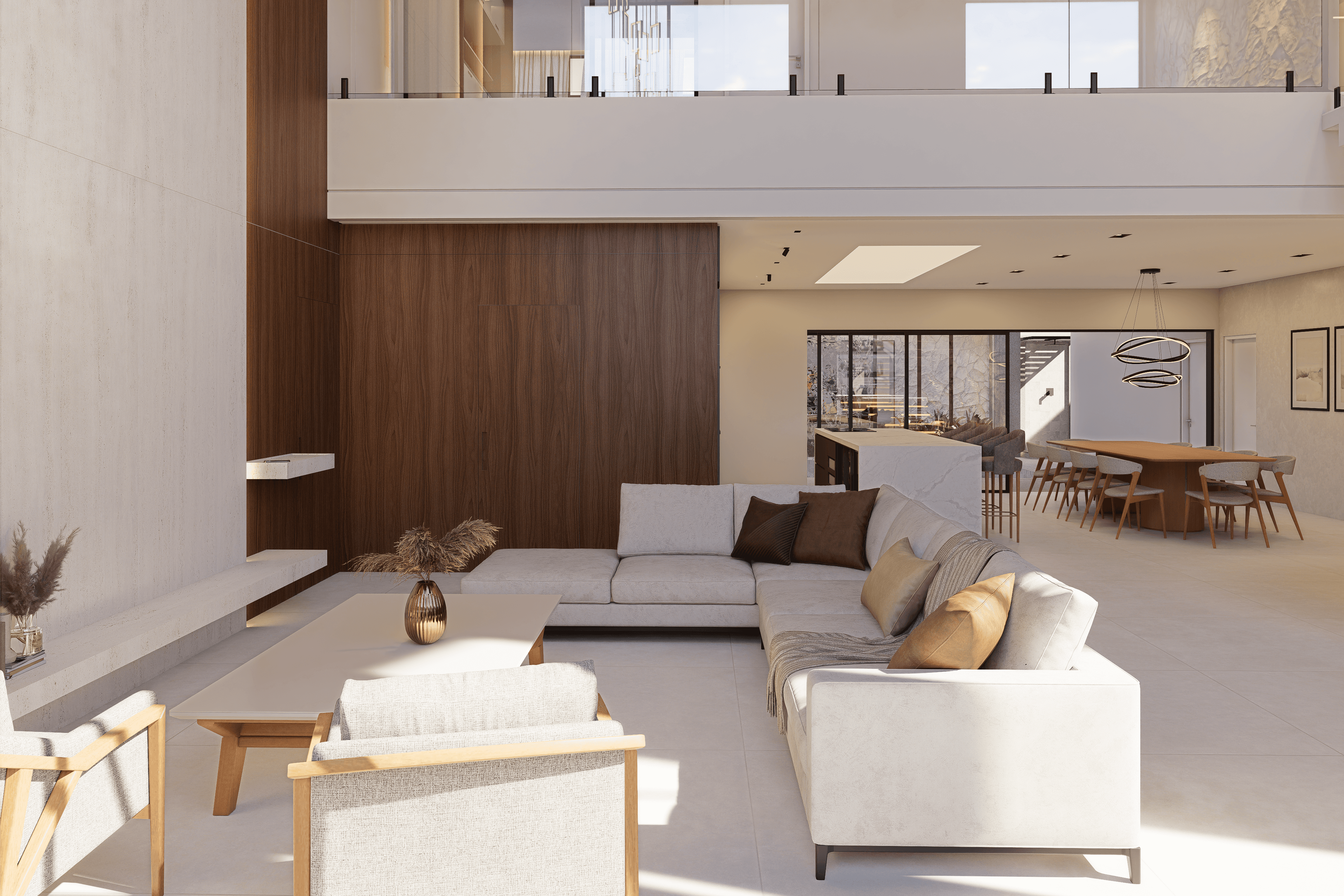 Spacious bedroom with large bed and cozy seating area.