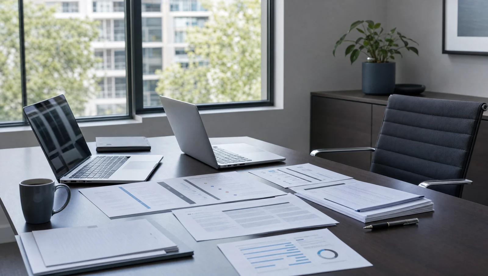 Meeting table by a window with laptops and printed comparison sheets for selecting a Web3 development partner