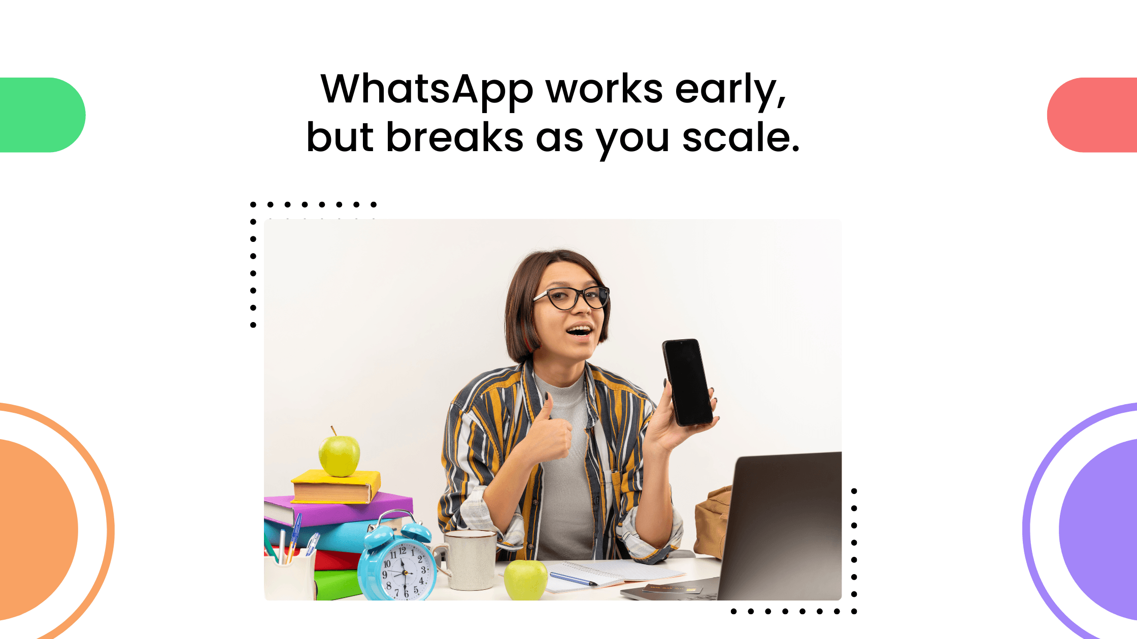 Coach holding phone amid cluttered workspace, highlighting how WhatsApp works early but breaks as coaching business scales.