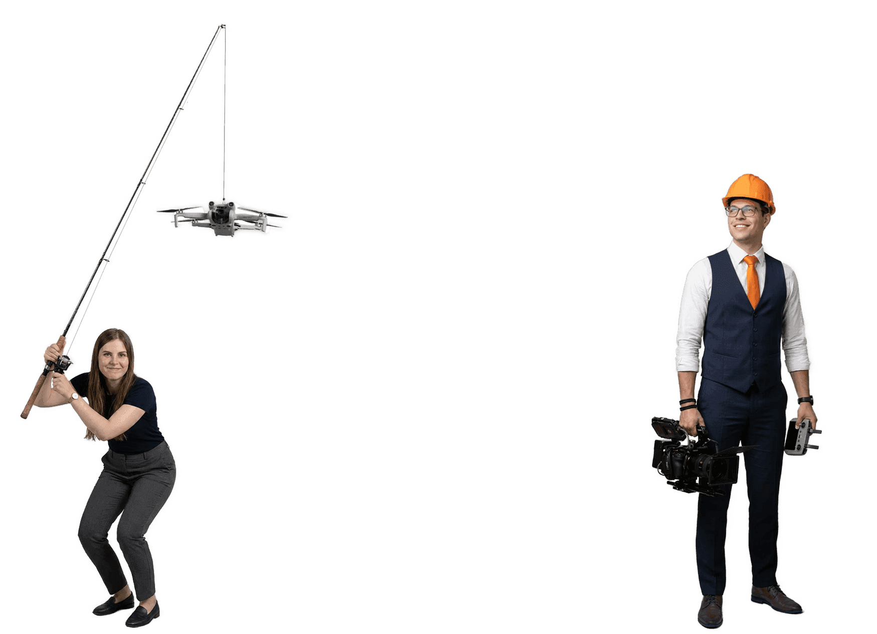 Tom van T7 Productions met camera op gimbal en een collega met drone aan een hengel