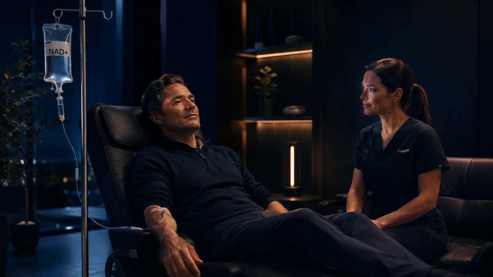 Man reclining in a chair receiving IV therapy beside a clinician