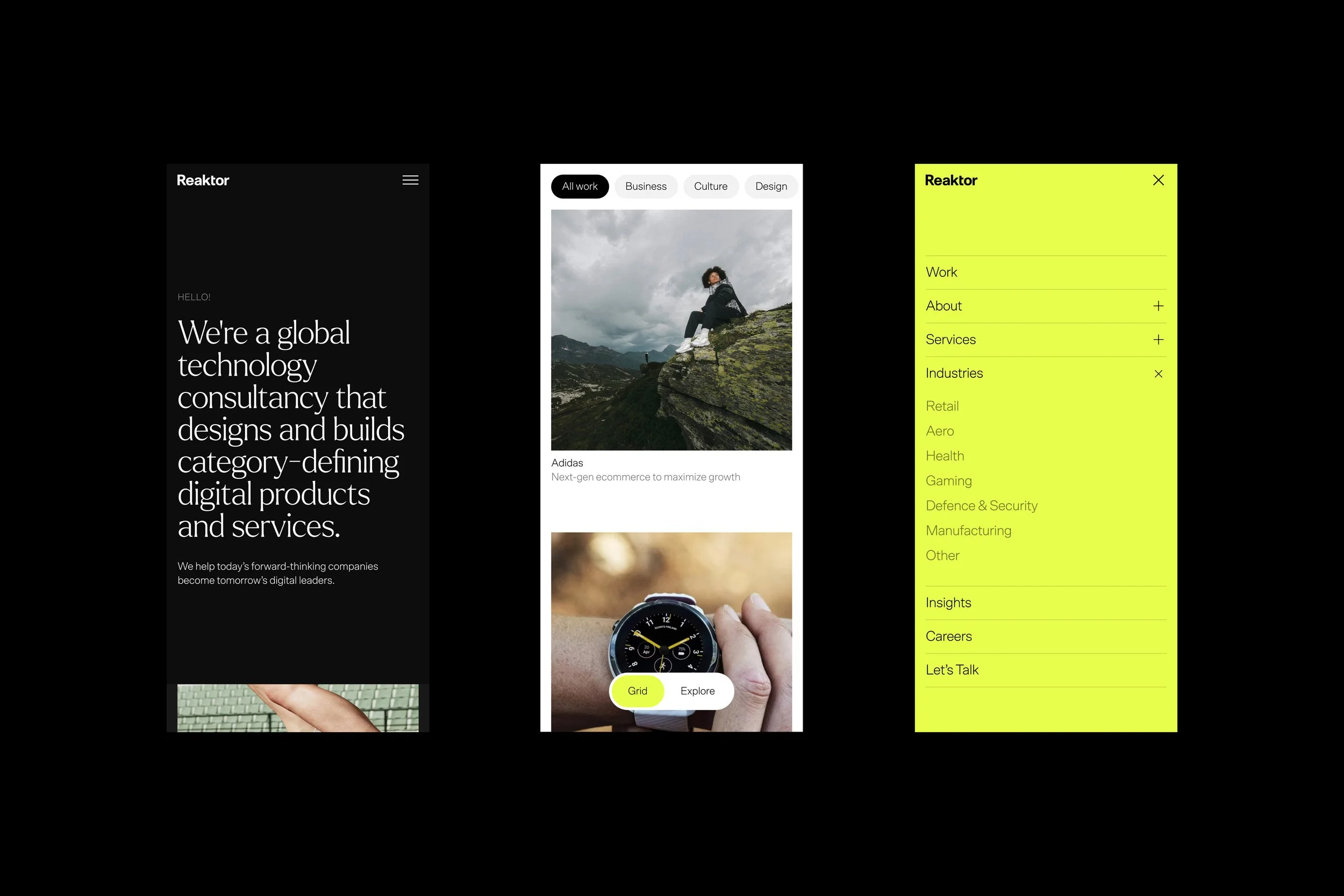 Website interface for Reaktor, a global technology consultancy.