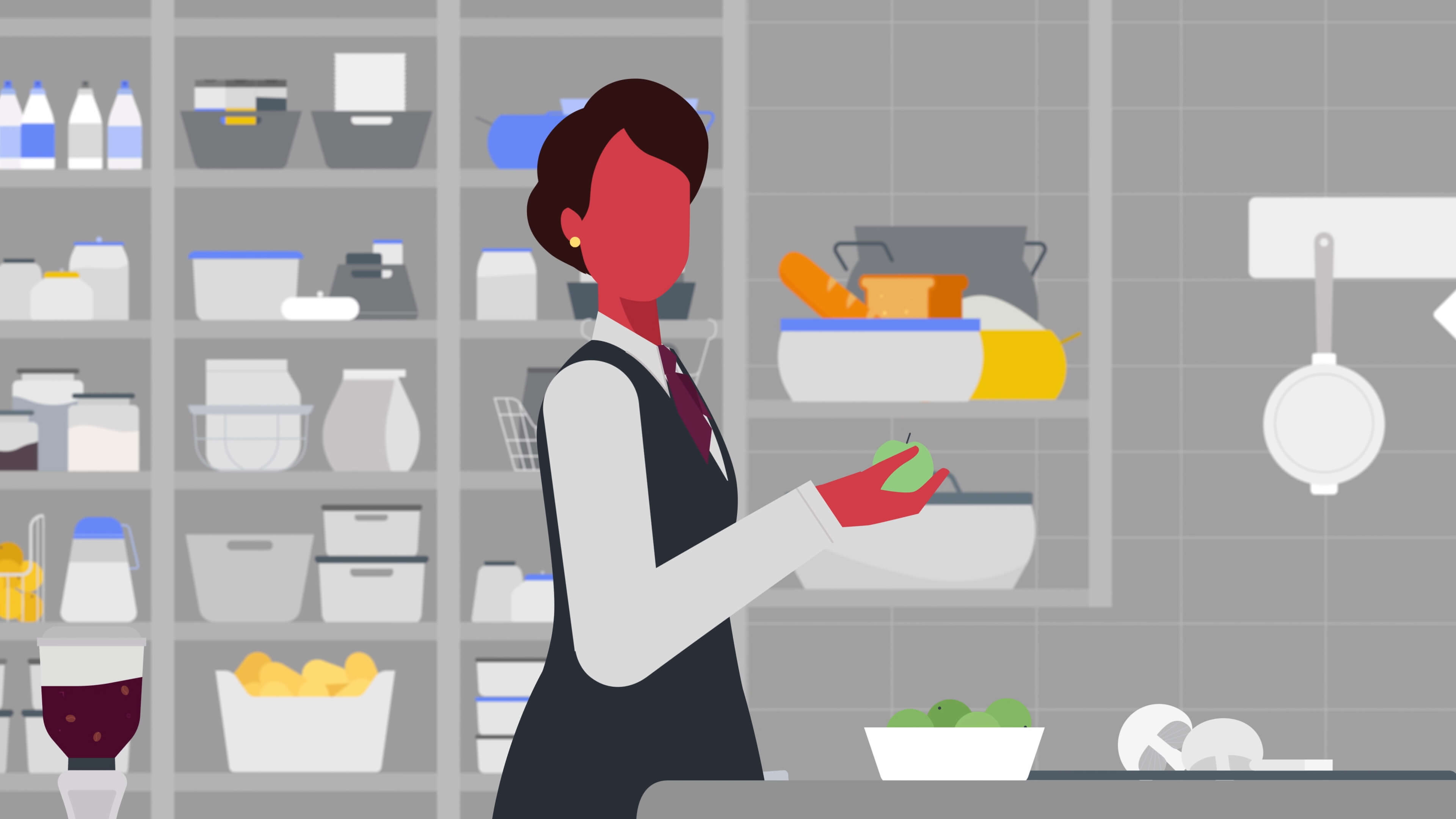 The stylized and simplified full female figure working in a hotel, in the kitchen department, with grey shelves units behind her full of different kinds of bottles and containers 