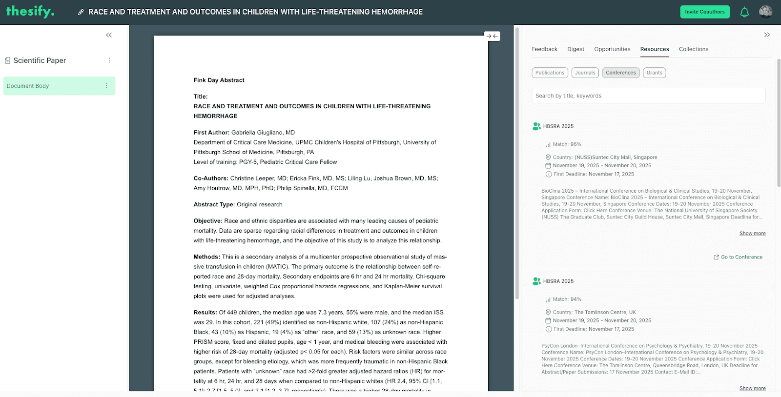 Split-screen dashboard showing a scientific paper on the left and a list of AI-matched academic conferences on the right.