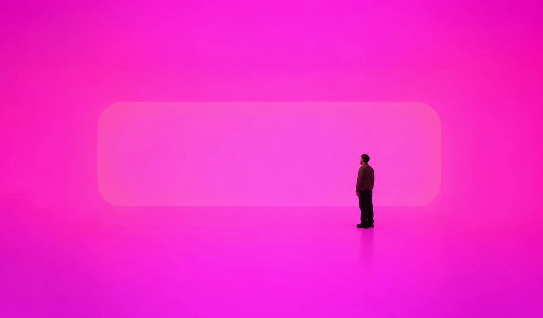 Small figure in a saturated magenta space facing a glowing pink window of light, homepage banner for Ismael Branco brand design
