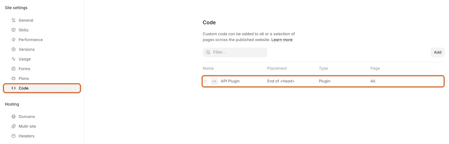 Framer Settings, Code section with the API Plugin entry