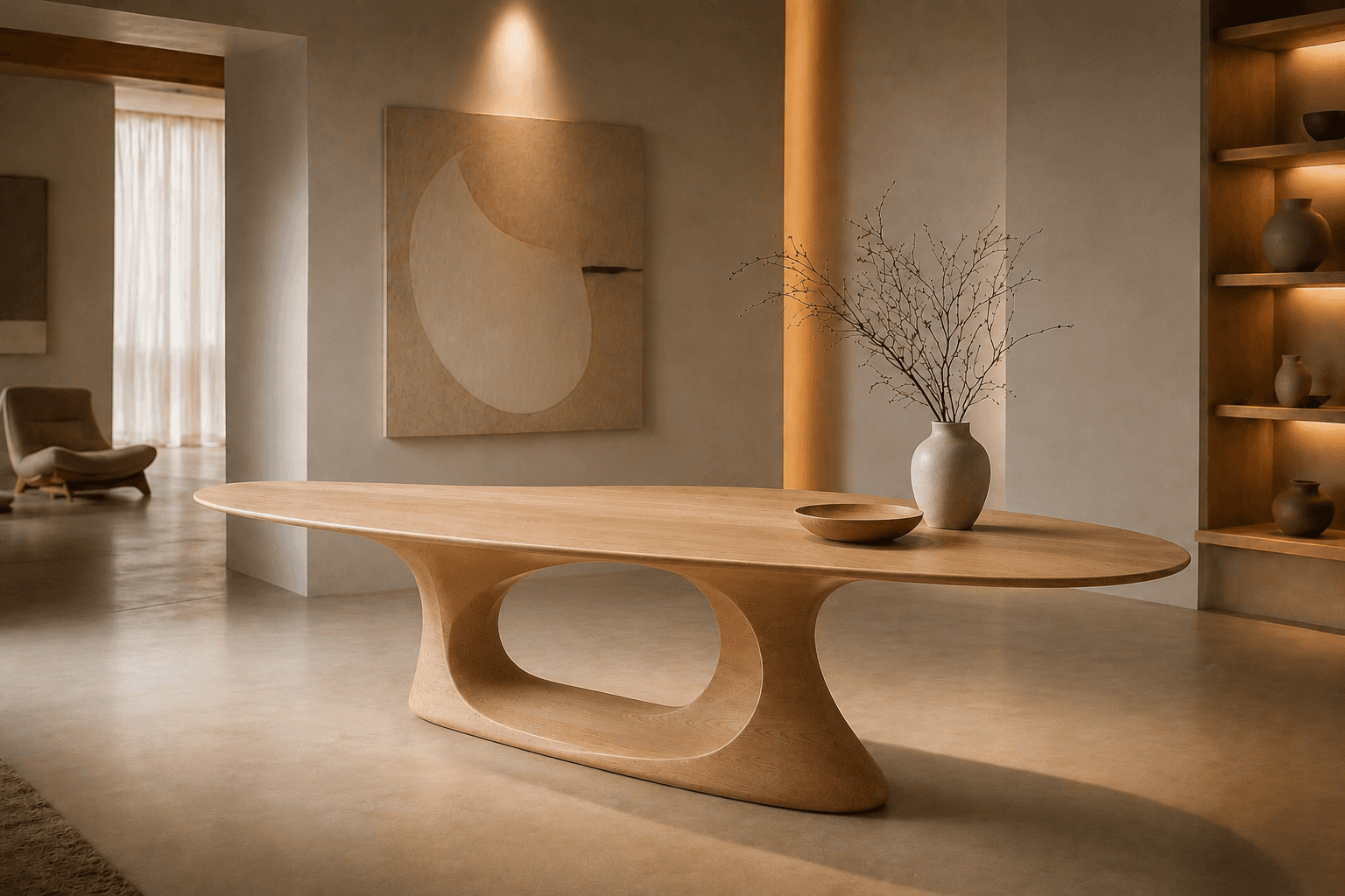 Table basse sculpturale en bois dans un intérieur épuré