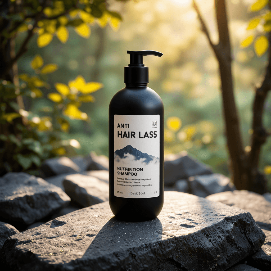 product photography of a bottle of anti-hair loss nutrition shampoo