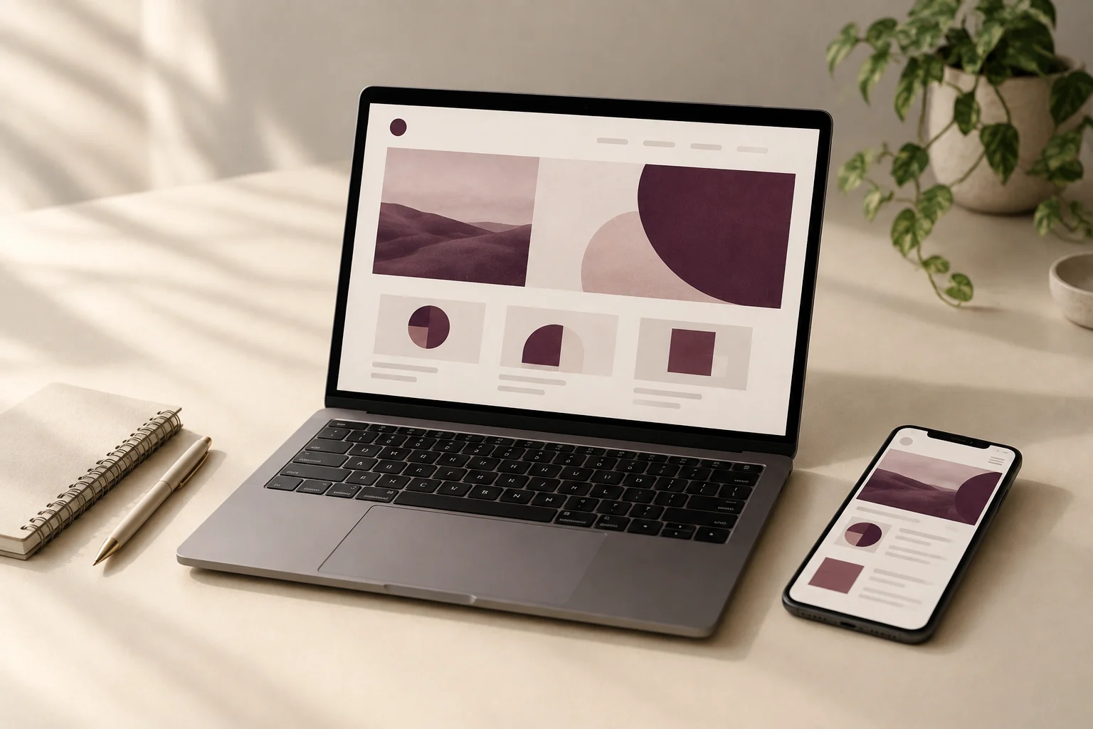 Designer reviewing a website layout on a laptop and phone side by side at a studio in Abu Dhabi
