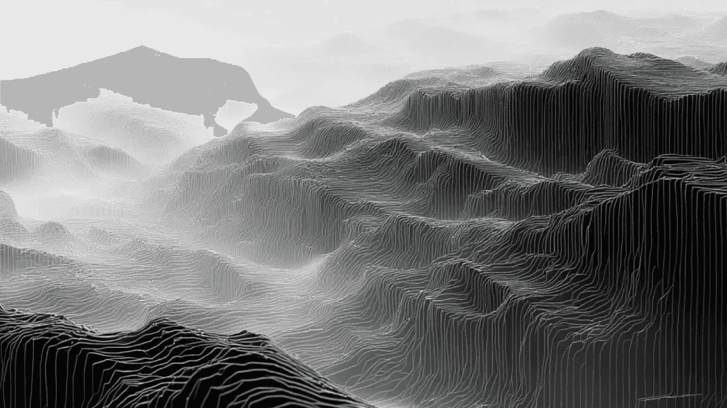 Black and white image of a mountain range with a futuristic, computer-generated aesthetic.