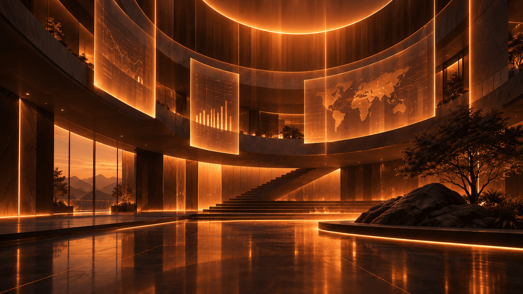 A grand atrium at dusk with glowing data displays and a world map