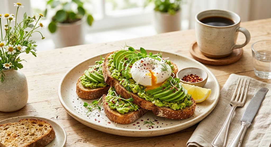 Gourmet avocado toast with a poached egg and microgreens on rustic whole-grain bread for a healthy breakfast, styled with coffee and fresh flowers.