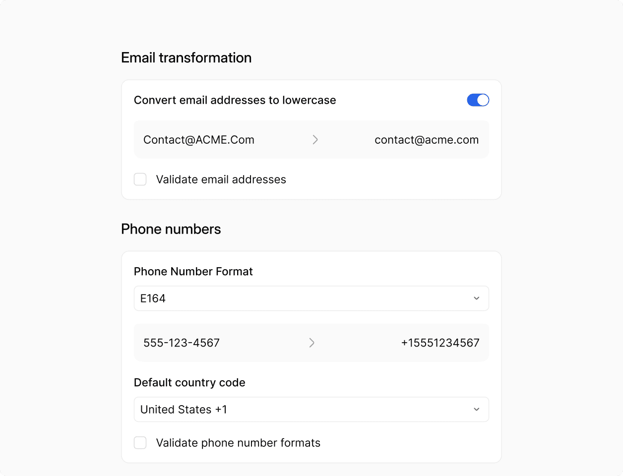 Email and phone number transformation options showing data normalization and formatting