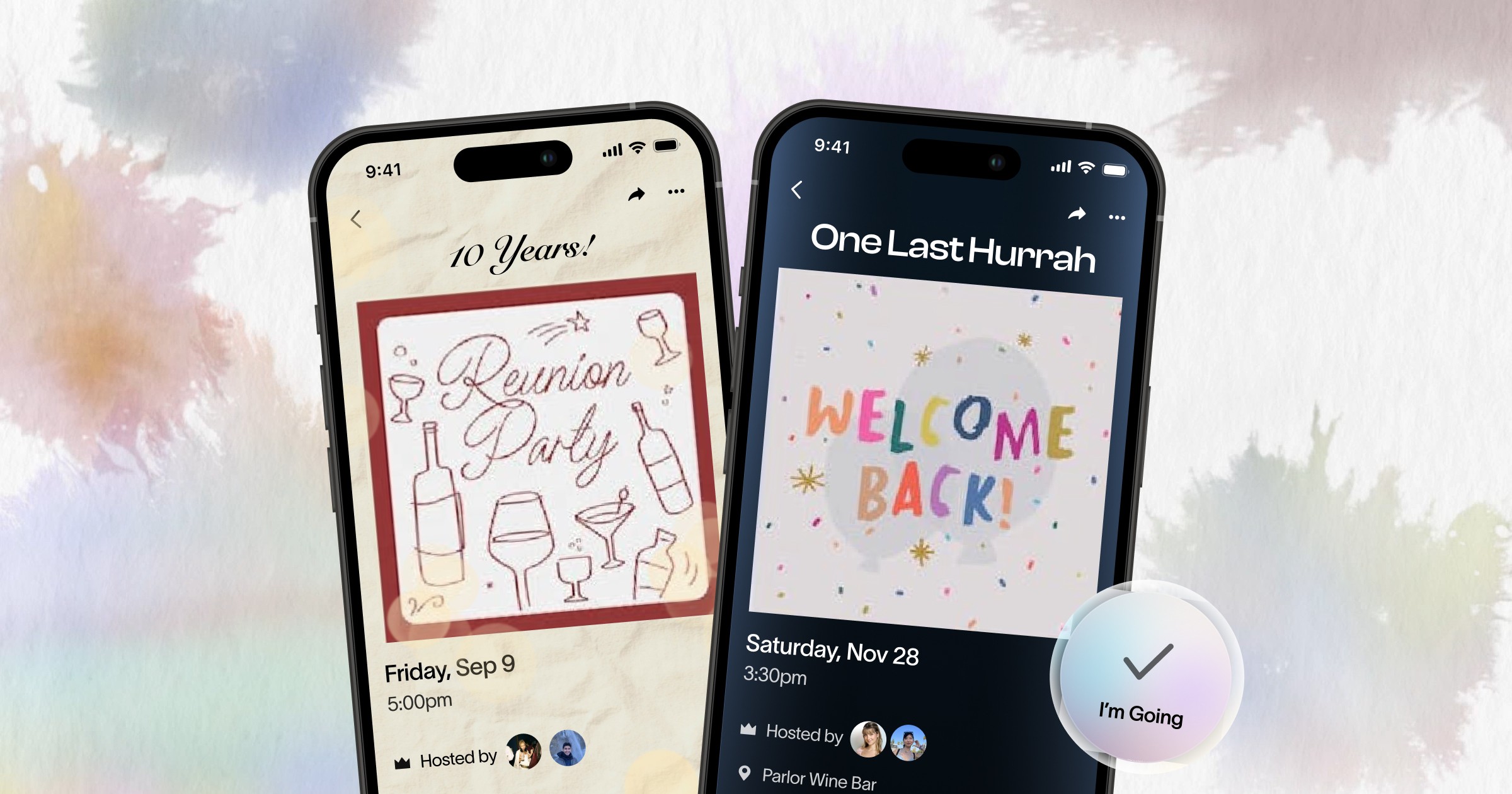 Two smartphones displaying colorful app interfaces, surrounded by festive balloons in a vibrant setting.