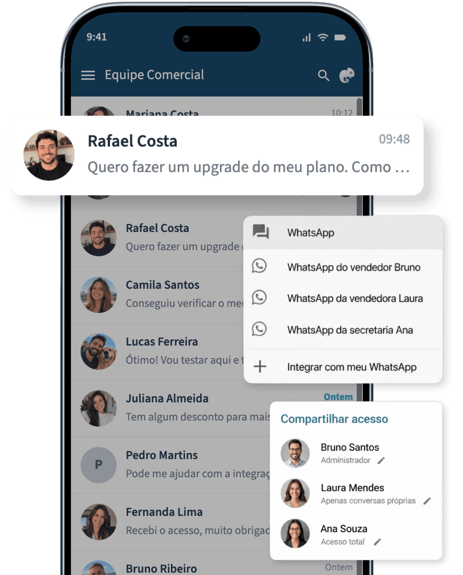Uma tela de smartphone exibindo um aplicativo de mensagens, com conversas e opções para gerenciamento de mensagens.