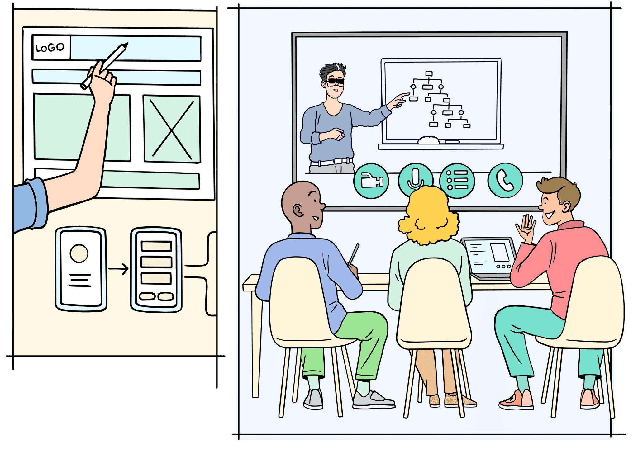 Sketch of a person drawing out a task flow and wire frame and presenting it to a group of 3 people over a video call