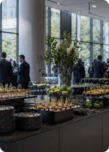 Estrutura de buffet corporativo montada em ambiente executivo moderno para recepção, convenção ou evento empresarial.