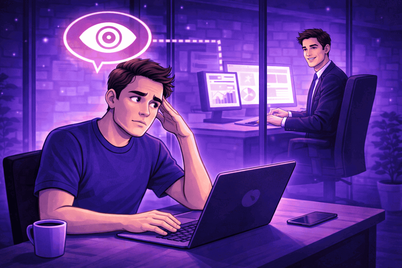 Remote employee looking stressed while working on a laptop, with a visual monitoring symbol above and a manager reviewing dashboards in the background.