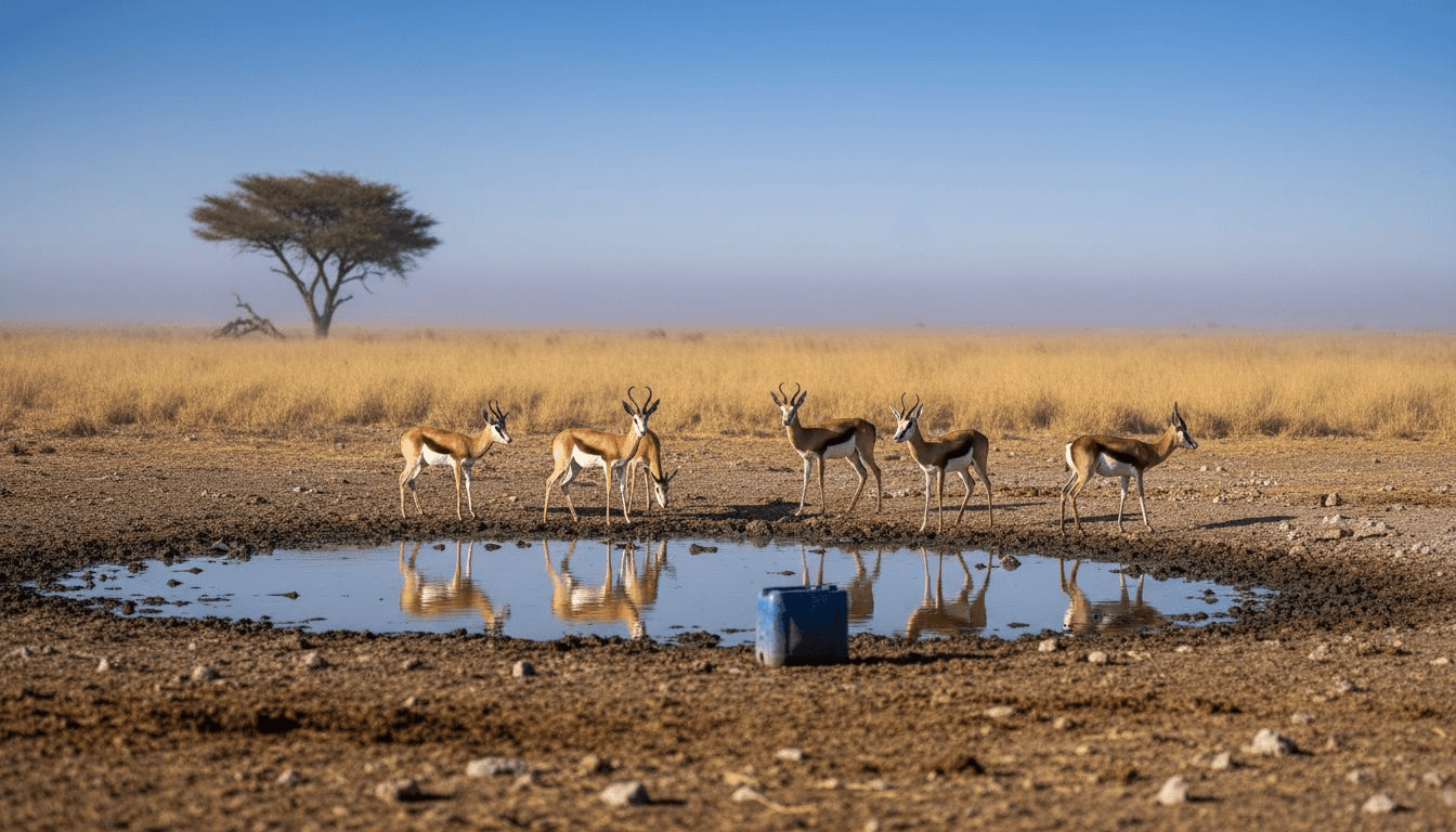 Antílopes se reúnen en torno a un pozo de agua durante el invierno en Namibia.