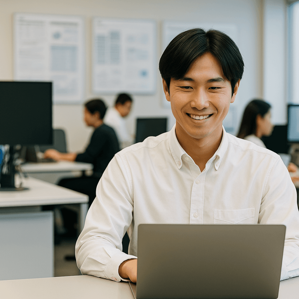 Man working on a laptop in an office setting.