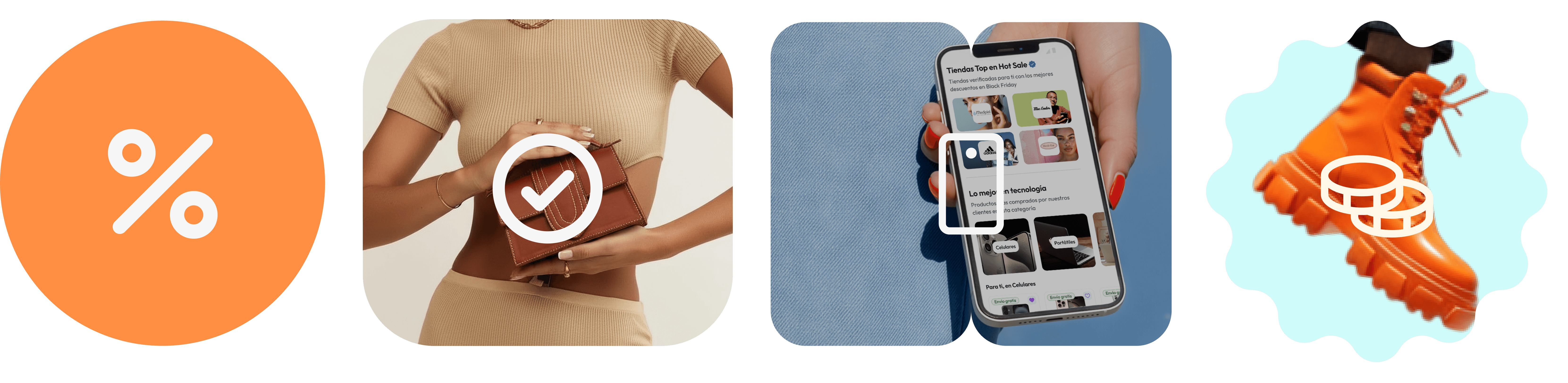 Íconos mostrando descuentos, compra fácil, pago desde el celular y moda en tendencia.