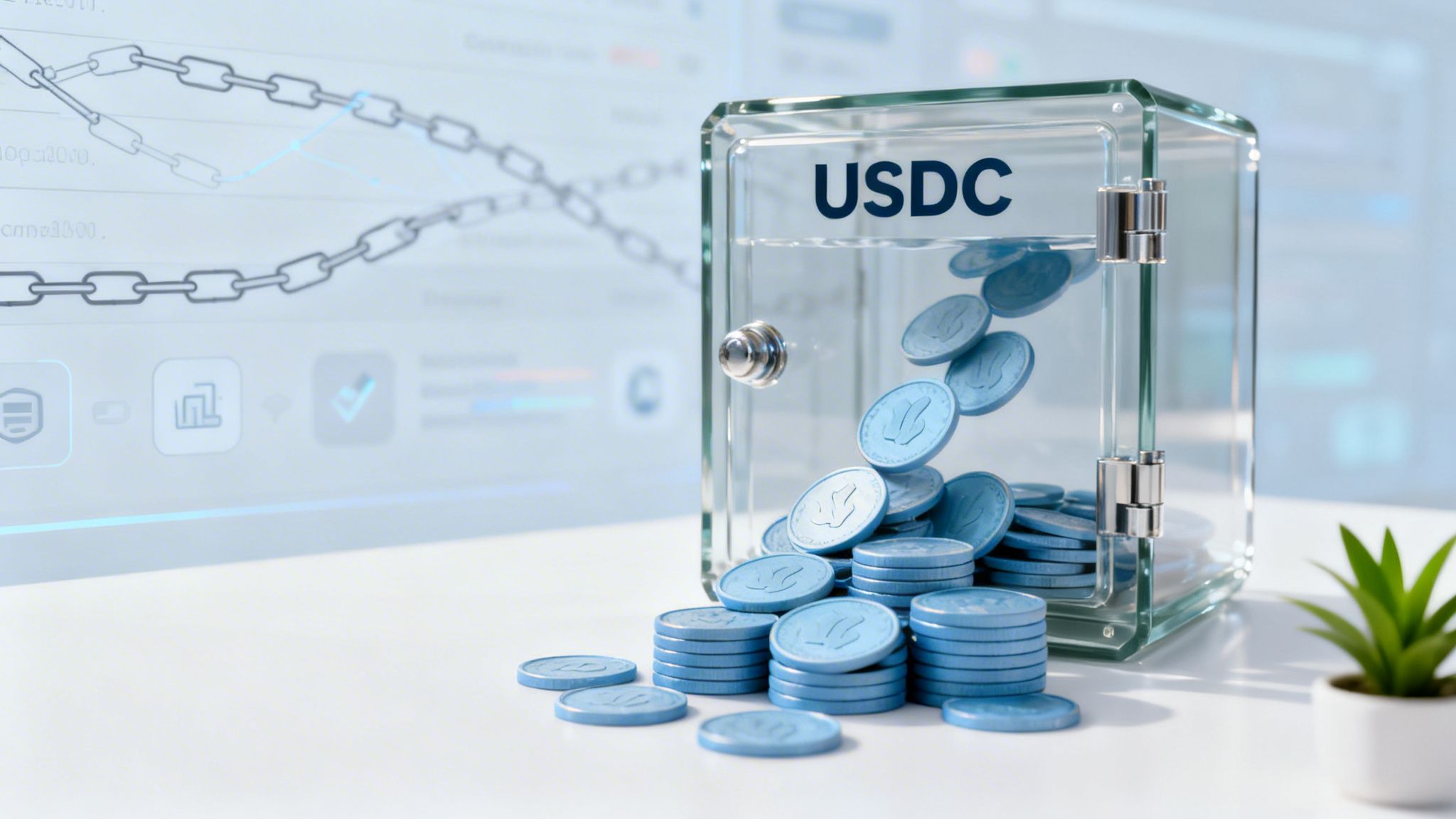 USDC stablecoin savings concept with blue coins spilling from a clear box on a desk.