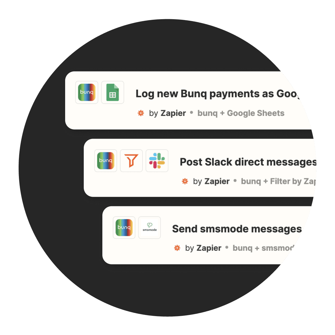 Three conversation threads displayed in a circular format, each with a message and icons next to them.