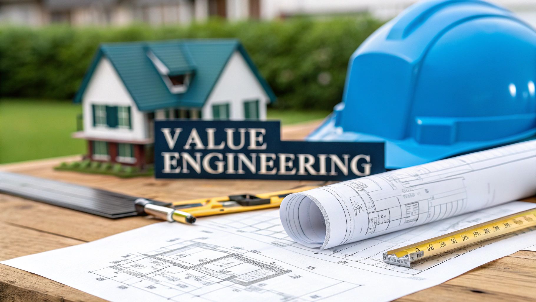 a wooden workbench with a model home in the background and a text block reading 'value engineering' next to a blue hard hat helmet