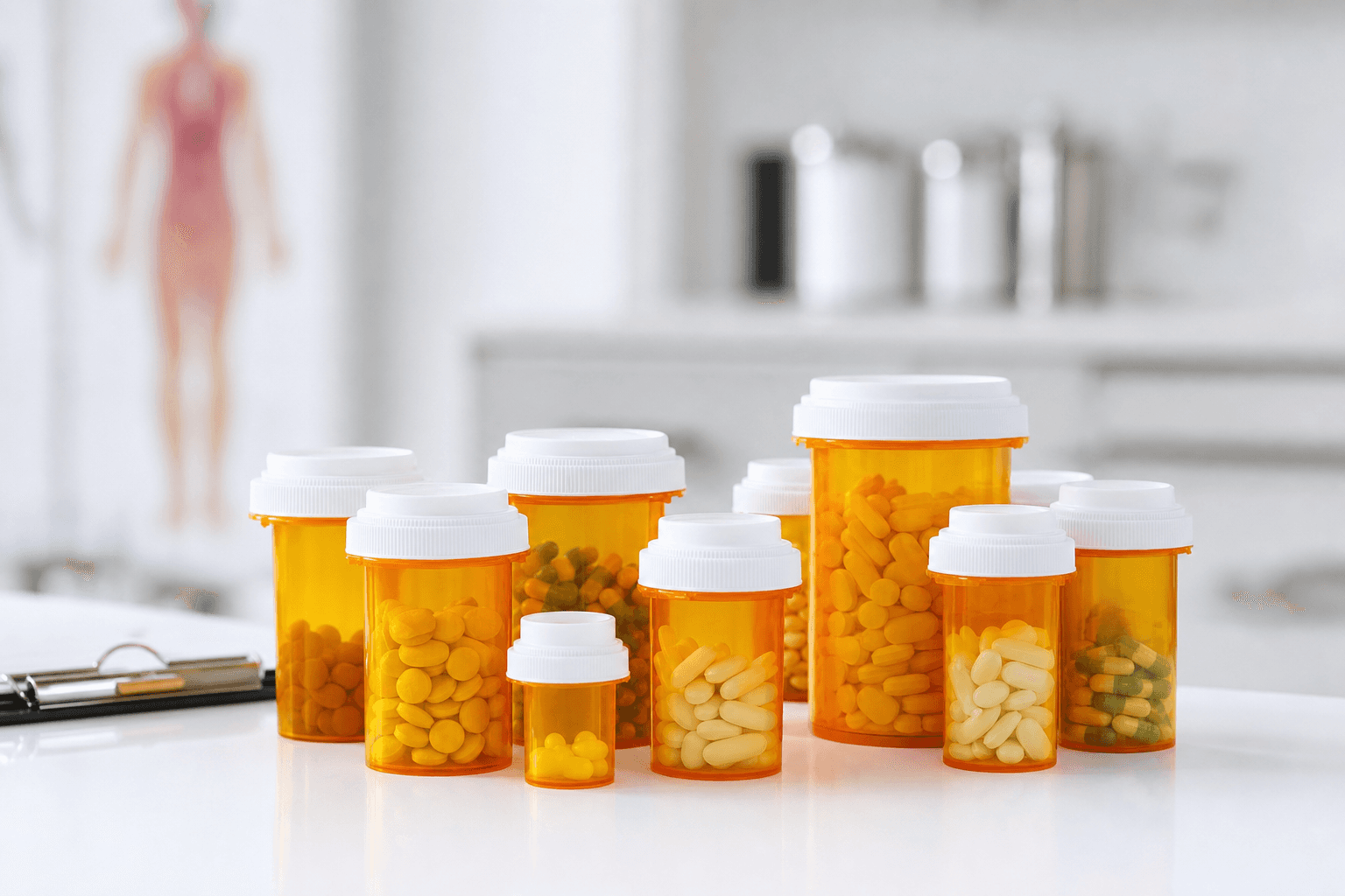 Variety of prescription medication bottles arranged on a clean white surface in a medical office setting, amber pharmacy bottles with white caps, professional clinical photography, soft natural lighting, shallow depth of field, organized and orderly composition, healthcare and pharmaceutical theme, photorealistic style